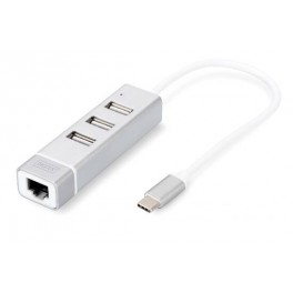 HUB CON 3 PORTE USB 2.0 TIPO "A"  USB C HUB CON 3 PORTE USB 2.0 TIPO "A" E 1 PORTA RETE RJ45", CONNETTORE MASCHIO TIPO "C"