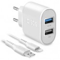 Kit composto da caricabatterie da rete 2 uscite USB 2,1 A e cavo USB lightning MFI C-89, colore bianco