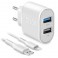 Kit composto da caricabatterie da rete 2 uscite USB 2,1 A e cavo USB lightning MFI C-89, colore bianco